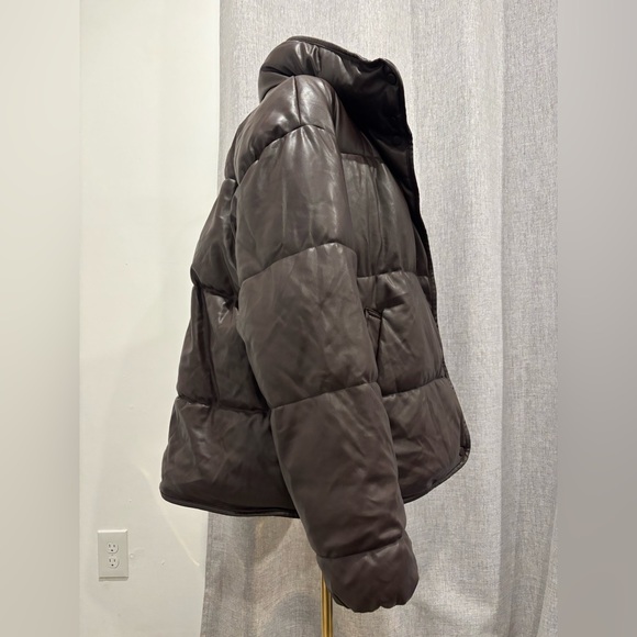 Zara Blogger Chocolate Brown Faux Leather Puffer Jacket Size L - Picture 6 of 17